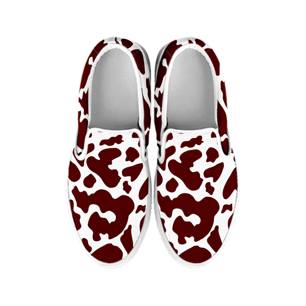 Chocolate Brown And White Cow Print White Slip On Sneakers