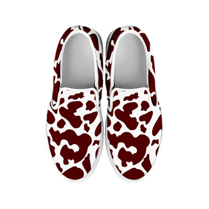 Chocolate Brown And White Cow Print White Slip On Sneakers