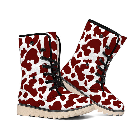 Chocolate Brown And White Cow Print Winter Boots