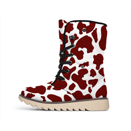 Chocolate Brown And White Cow Print Winter Boots