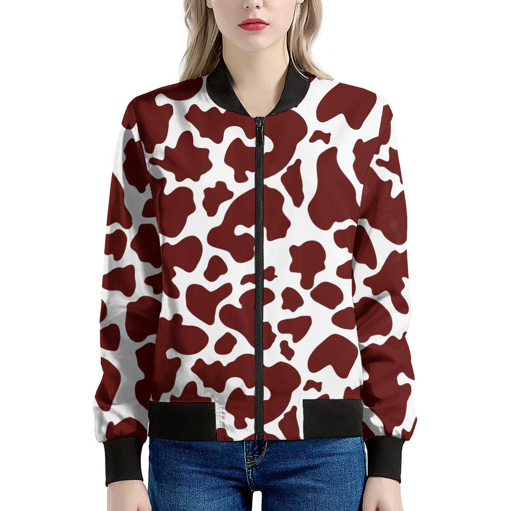Chocolate Brown And White Cow Print Women's Bomber Jacket