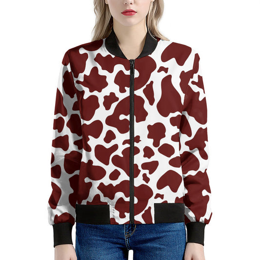 Chocolate Brown And White Cow Print Women's Bomber Jacket