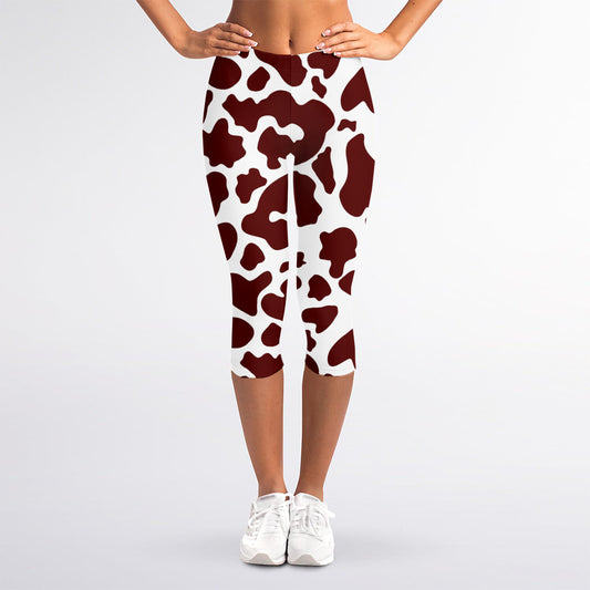 Chocolate Brown And White Cow Print Women's Capri Leggings