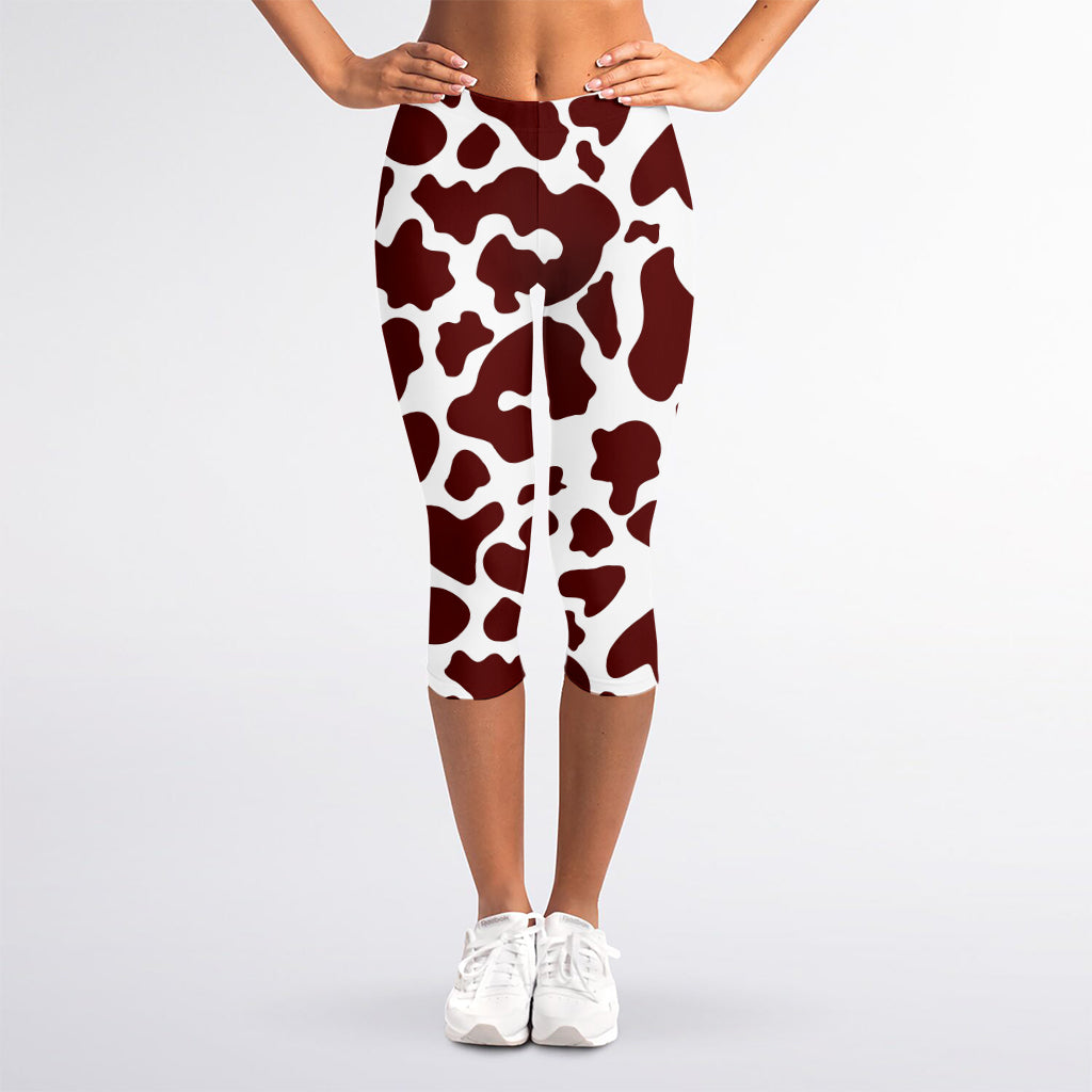 Chocolate Brown And White Cow Print Women's Capri Leggings