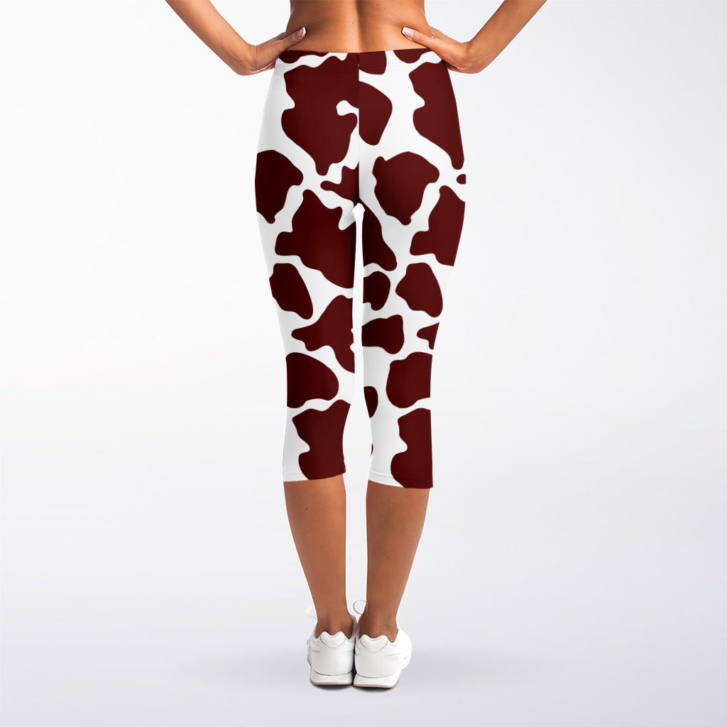 Chocolate Brown And White Cow Print Women's Capri Leggings