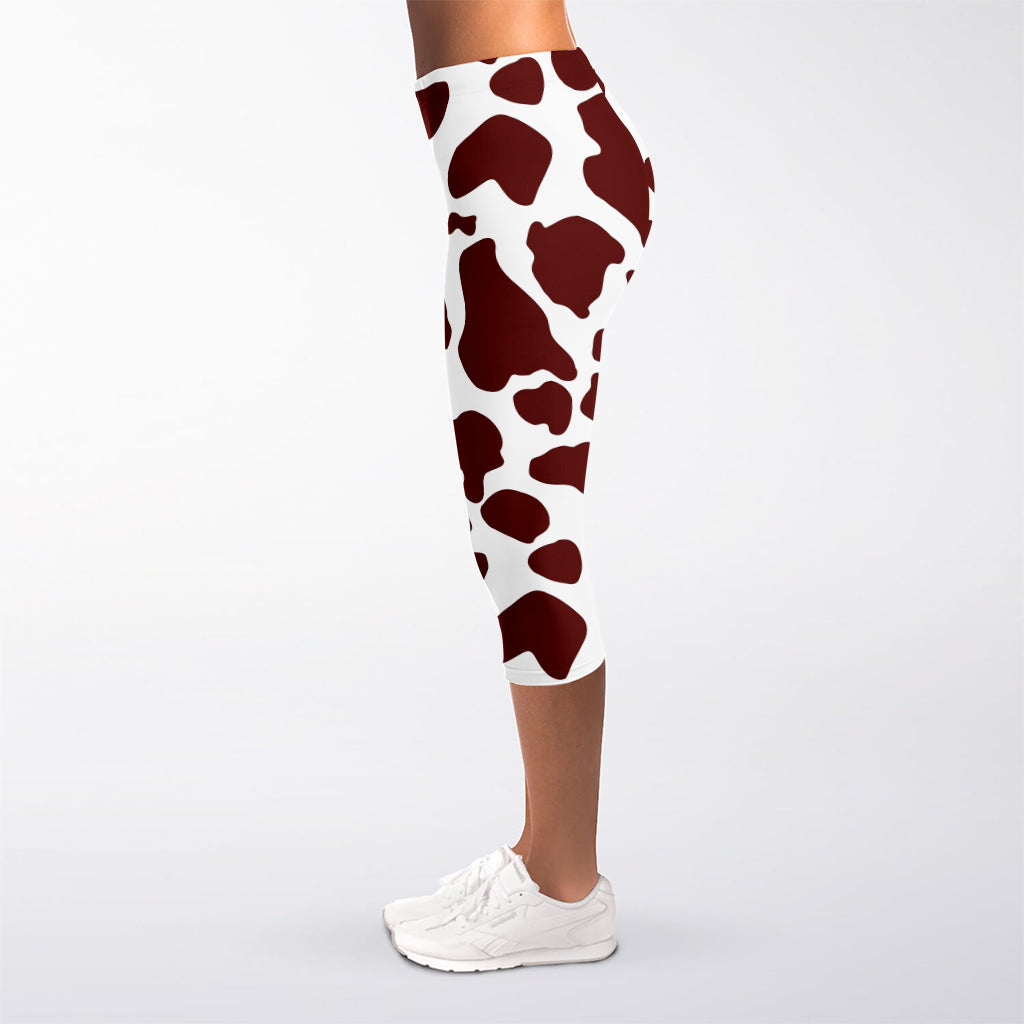 Chocolate Brown And White Cow Print Women's Capri Leggings
