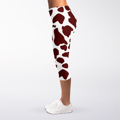 Chocolate Brown And White Cow Print Women's Capri Leggings