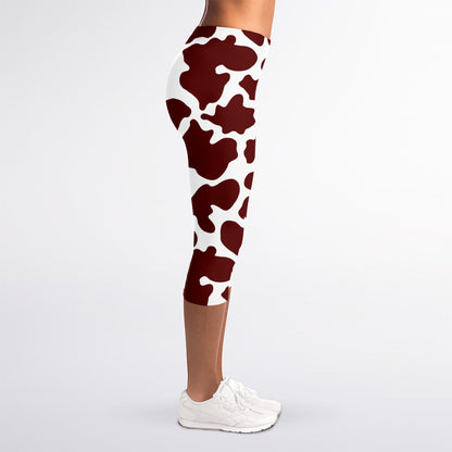 Chocolate Brown And White Cow Print Women's Capri Leggings