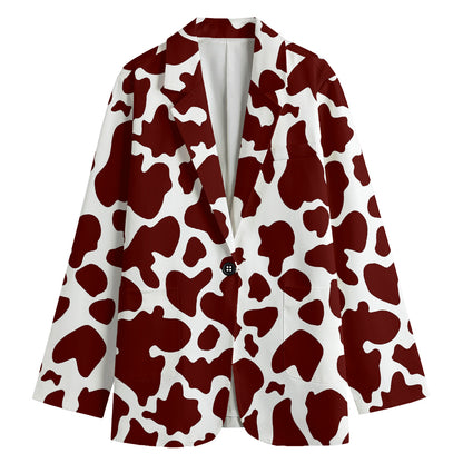 Chocolate Brown And White Cow Print Women's Cotton Blazer