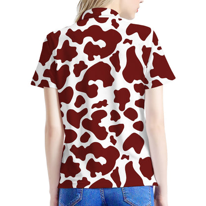 Chocolate Brown And White Cow Print Women's Polo Shirt