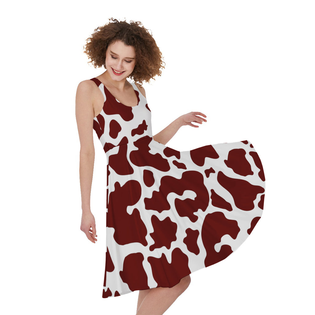 Chocolate Brown And White Cow Print Women's Sleeveless Dress