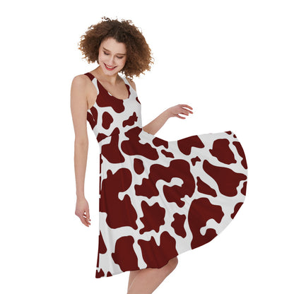 Chocolate Brown And White Cow Print Women's Sleeveless Dress
