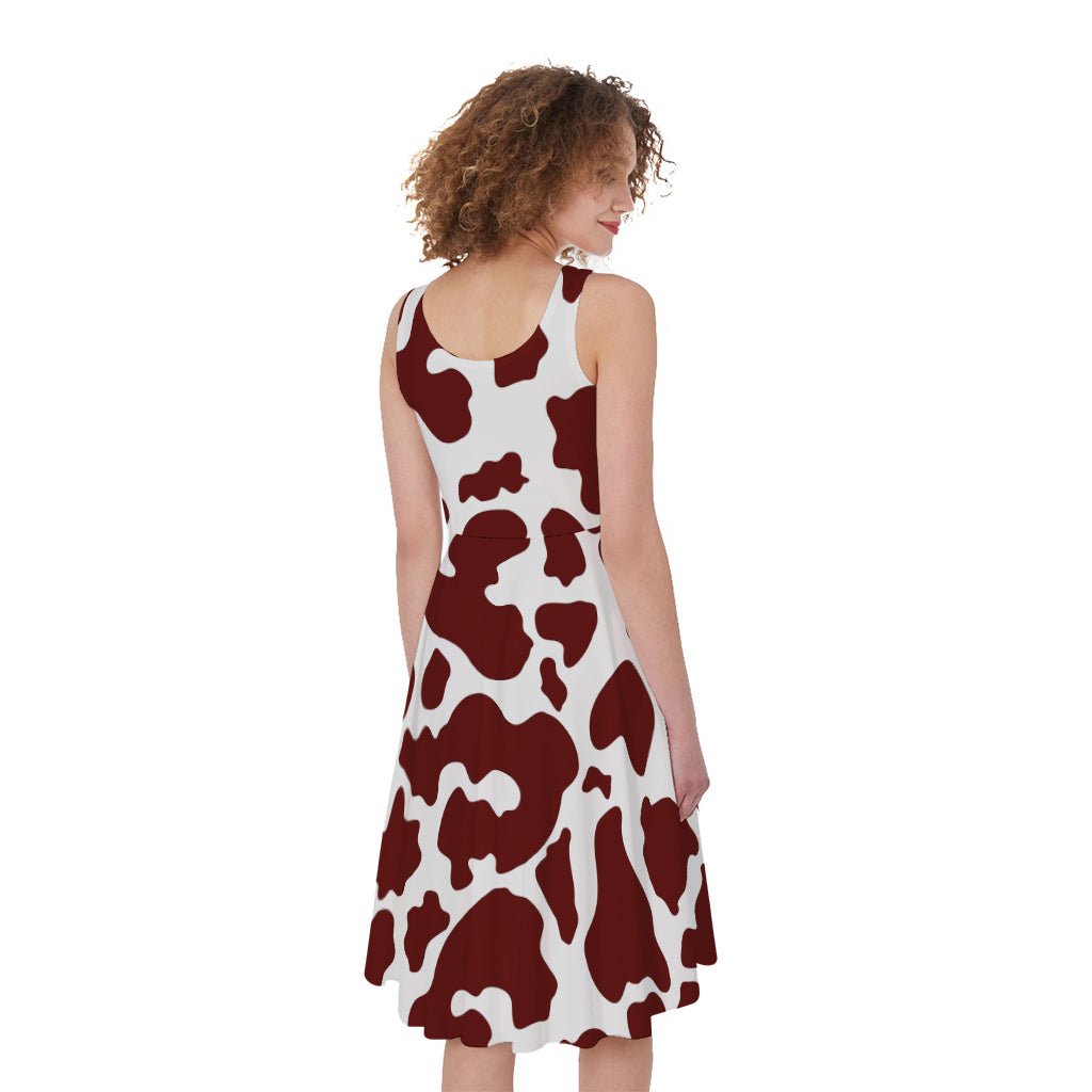 Chocolate Brown And White Cow Print Women's Sleeveless Dress