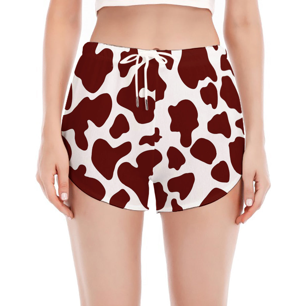 Chocolate Brown And White Cow Print Women's Split Running Shorts