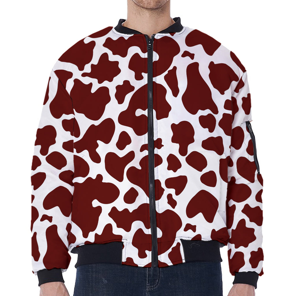 Chocolate Brown And White Cow Print Zip Sleeve Bomber Jacket