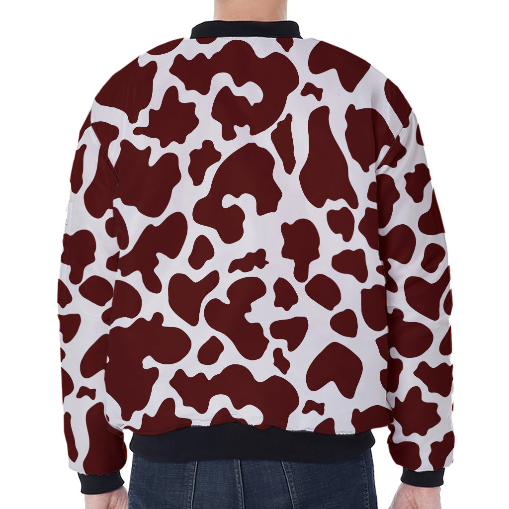 Chocolate Brown And White Cow Print Zip Sleeve Bomber Jacket