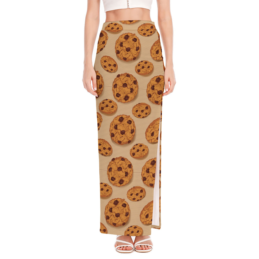 Chocolate Chip Cookie Pattern Print High Slit Maxi Skirt