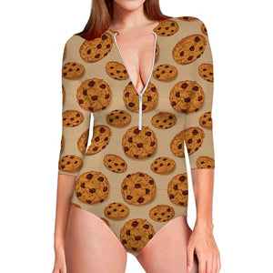 Chocolate Chip Cookie Pattern Print Long Sleeve Swimsuit