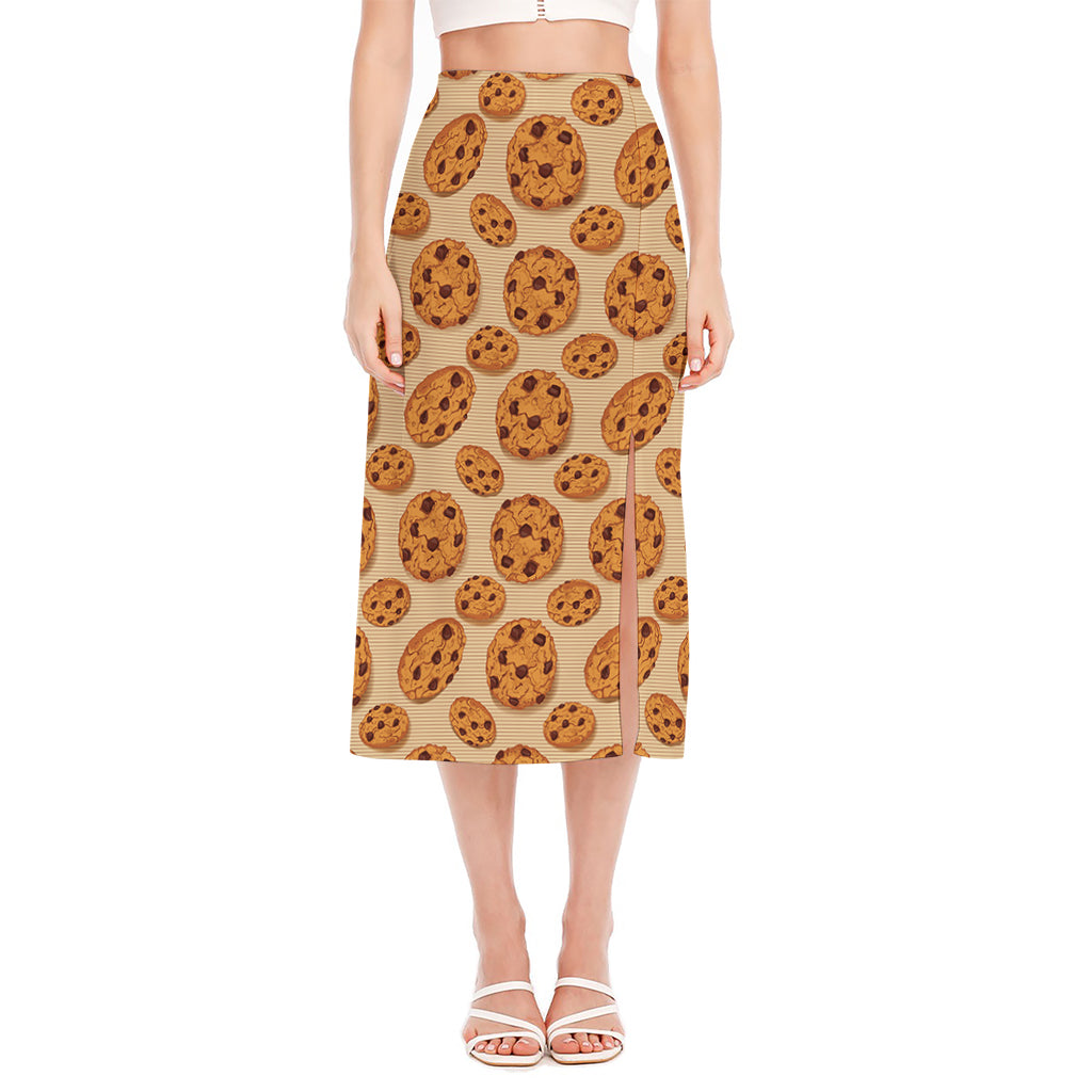 Chocolate Chip Cookie Pattern Print Side Slit Midi Skirt