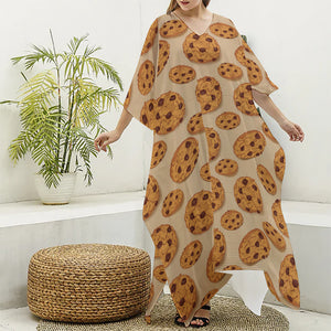 Chocolate Chip Cookie Pattern Print Silk V-Neck Kaftan Dress