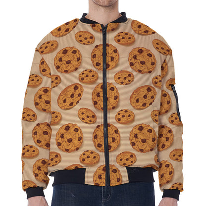 Chocolate Chip Cookie Pattern Print Zip Sleeve Bomber Jacket