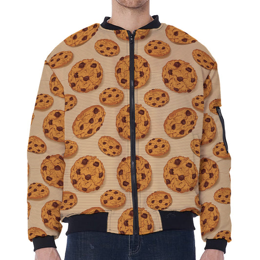 Chocolate Chip Cookie Pattern Print Zip Sleeve Bomber Jacket