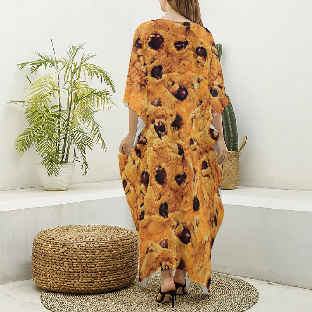 Chocolate Chip Cookie Print Silk V-Neck Kaftan Dress