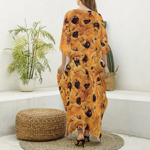 Chocolate Chip Cookie Print Silk V-Neck Kaftan Dress