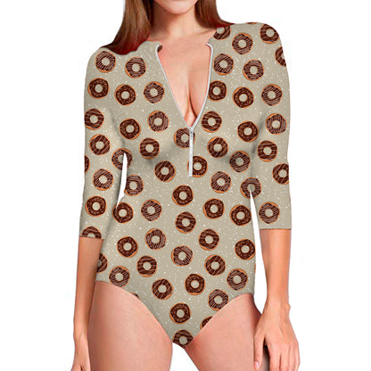 Chocolate Donuts Pattern Print Long Sleeve Swimsuit