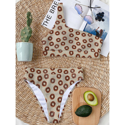 Chocolate Donuts Pattern Print One Shoulder Bikini Top