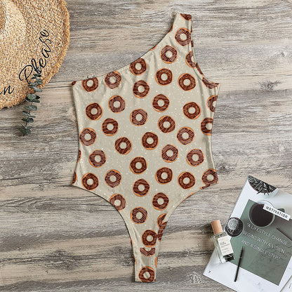 Chocolate Donuts Pattern Print One Shoulder Bodysuit
