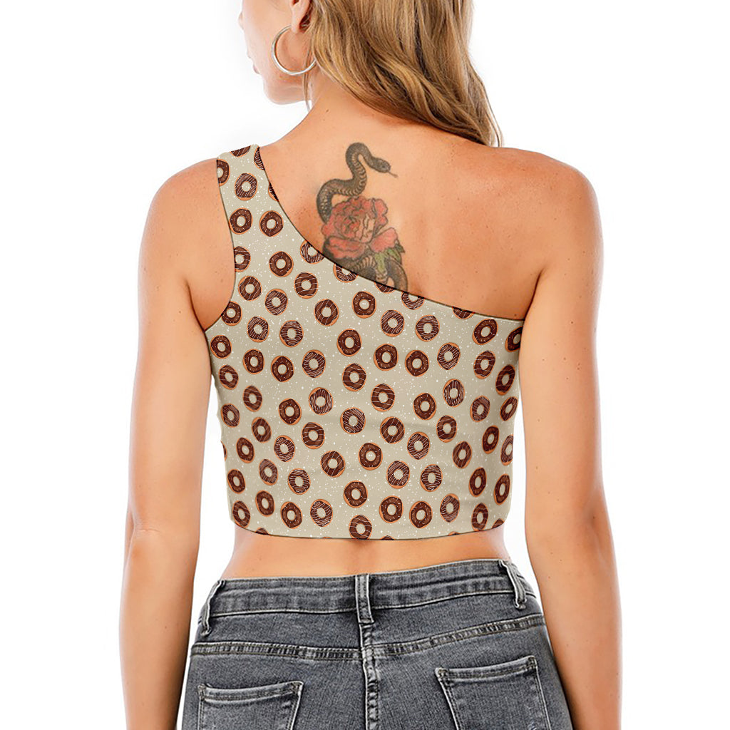 Chocolate Donuts Pattern Print One Shoulder Crop Top