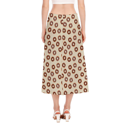 Chocolate Donuts Pattern Print Side Slit Midi Skirt