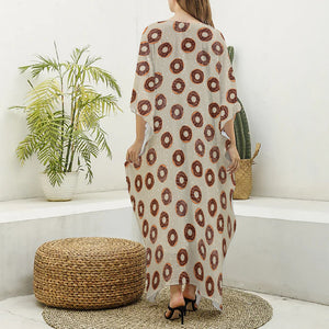 Chocolate Donuts Pattern Print Silk V-Neck Kaftan Dress