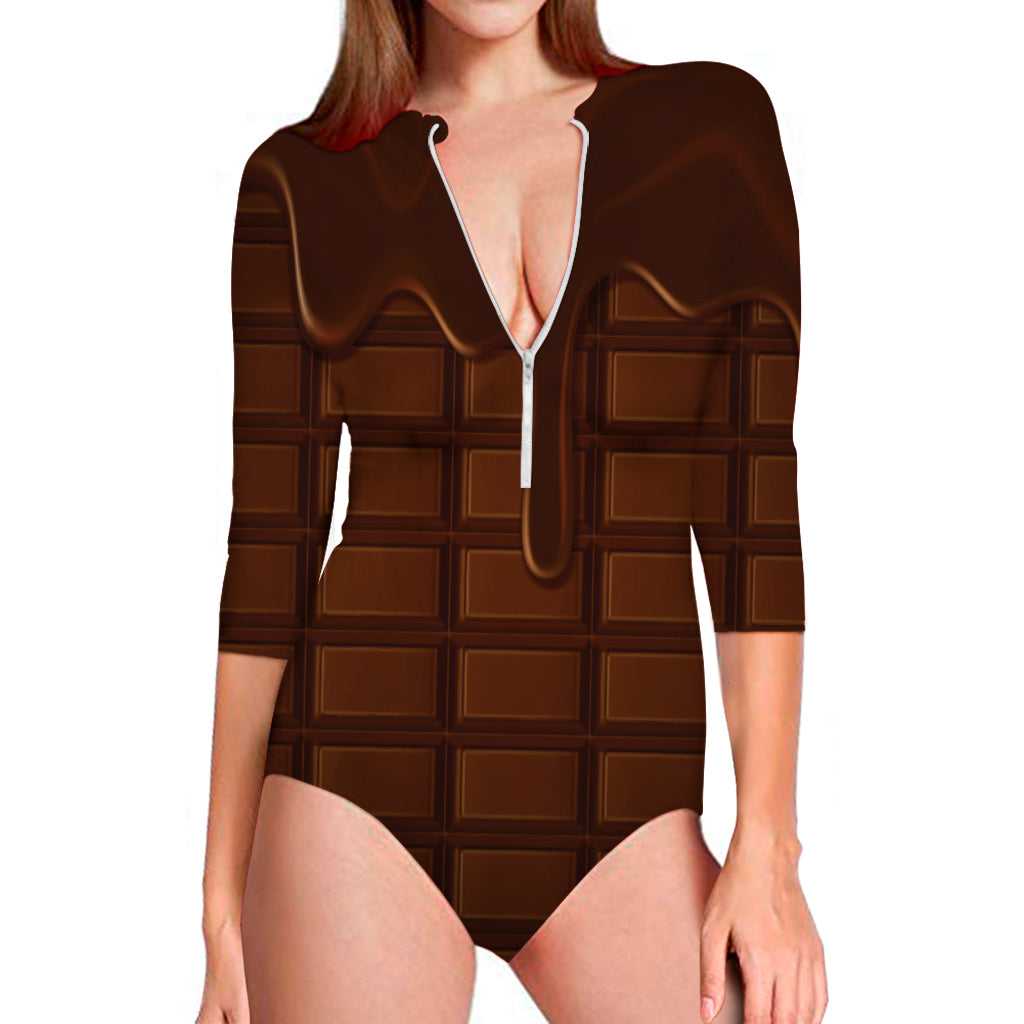 Chocolate Print Long Sleeve Swimsuit