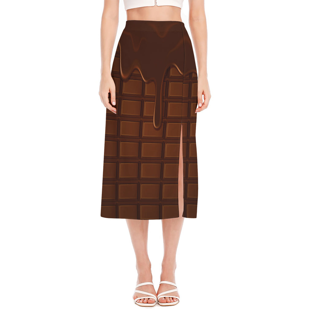 Chocolate Print Side Slit Midi Skirt