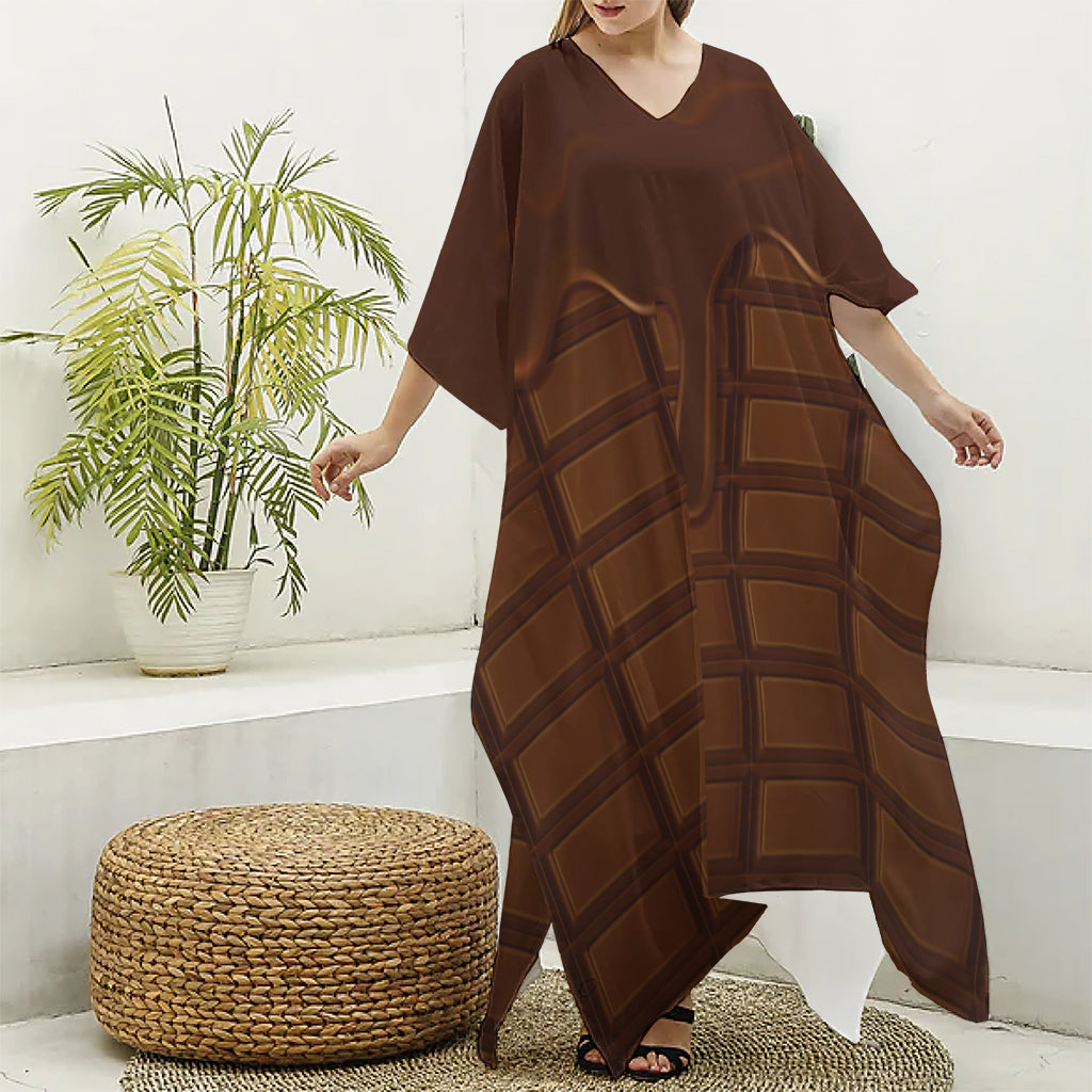 Chocolate Print Silk V-Neck Kaftan Dress