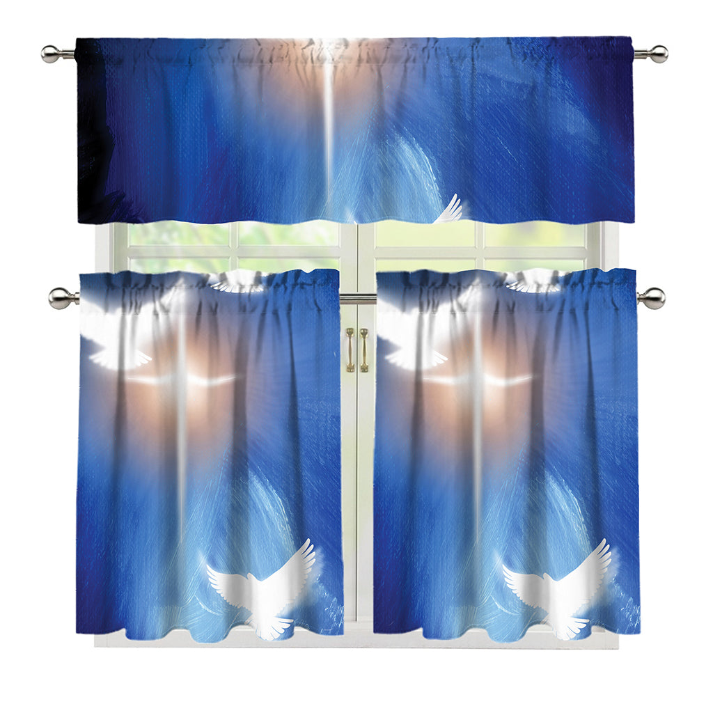 Christian Cross And White Doves Print 3 Piece Kitchen Curtains