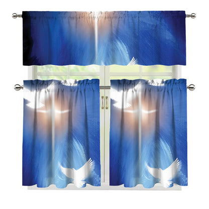 Christian Cross And White Doves Print 3 Piece Kitchen Curtains