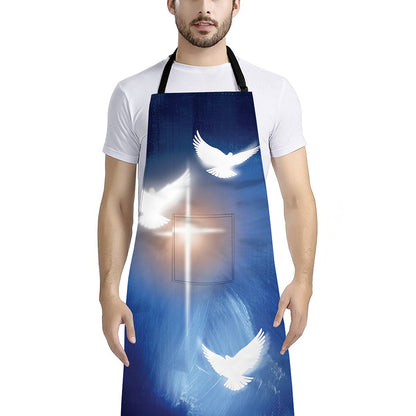 Christian Cross And White Doves Print Bib Apron With Pocket