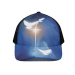 Christian Cross And White Doves Print Black Mesh Trucker Cap