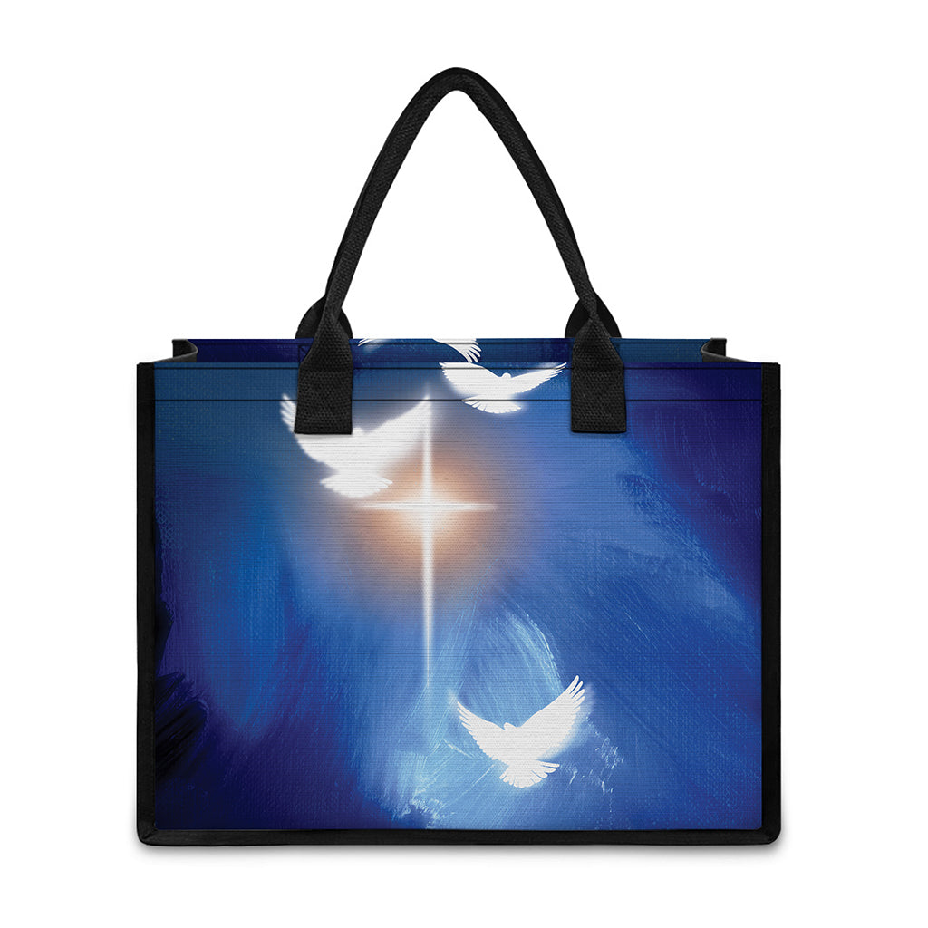 Christian Cross And White Doves Print Canvas Tote Bag