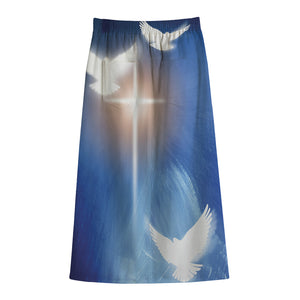 Christian Cross And White Doves Print Cotton Front Slit Maxi Skirt