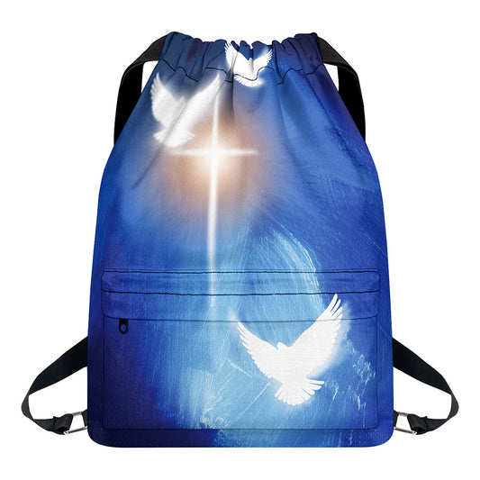 Christian Cross And White Doves Print Drawstring Backpack