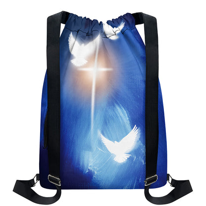 Christian Cross And White Doves Print Drawstring Backpack