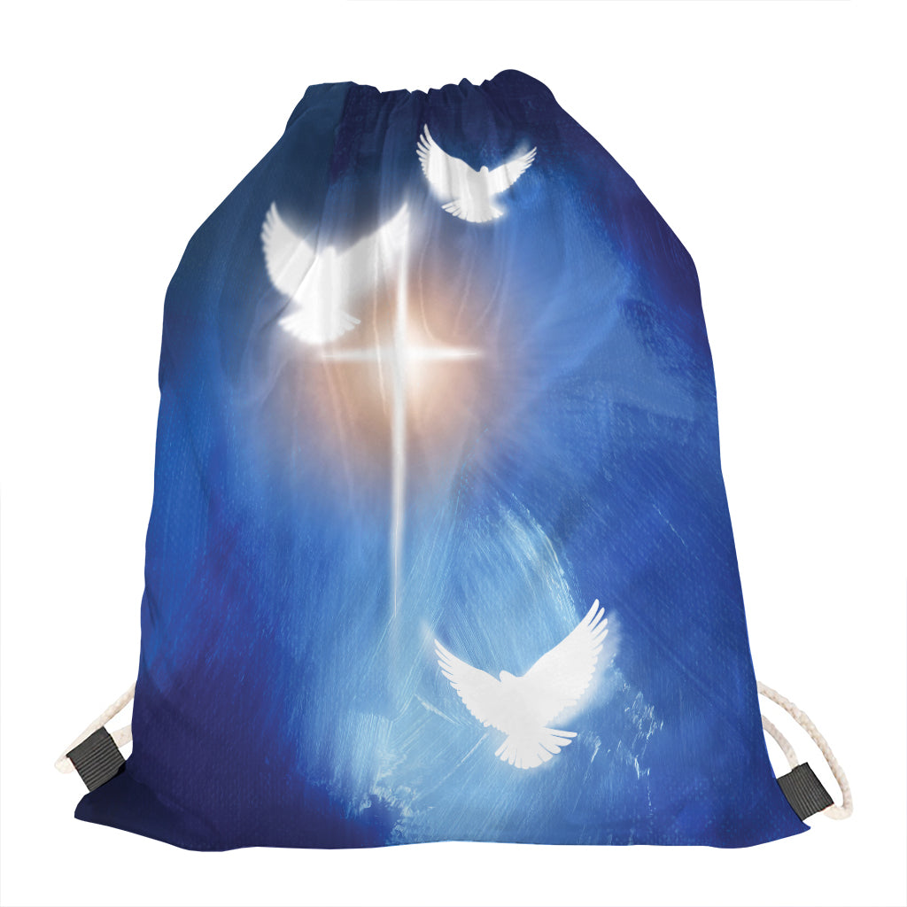 Christian Cross And White Doves Print Drawstring Bag