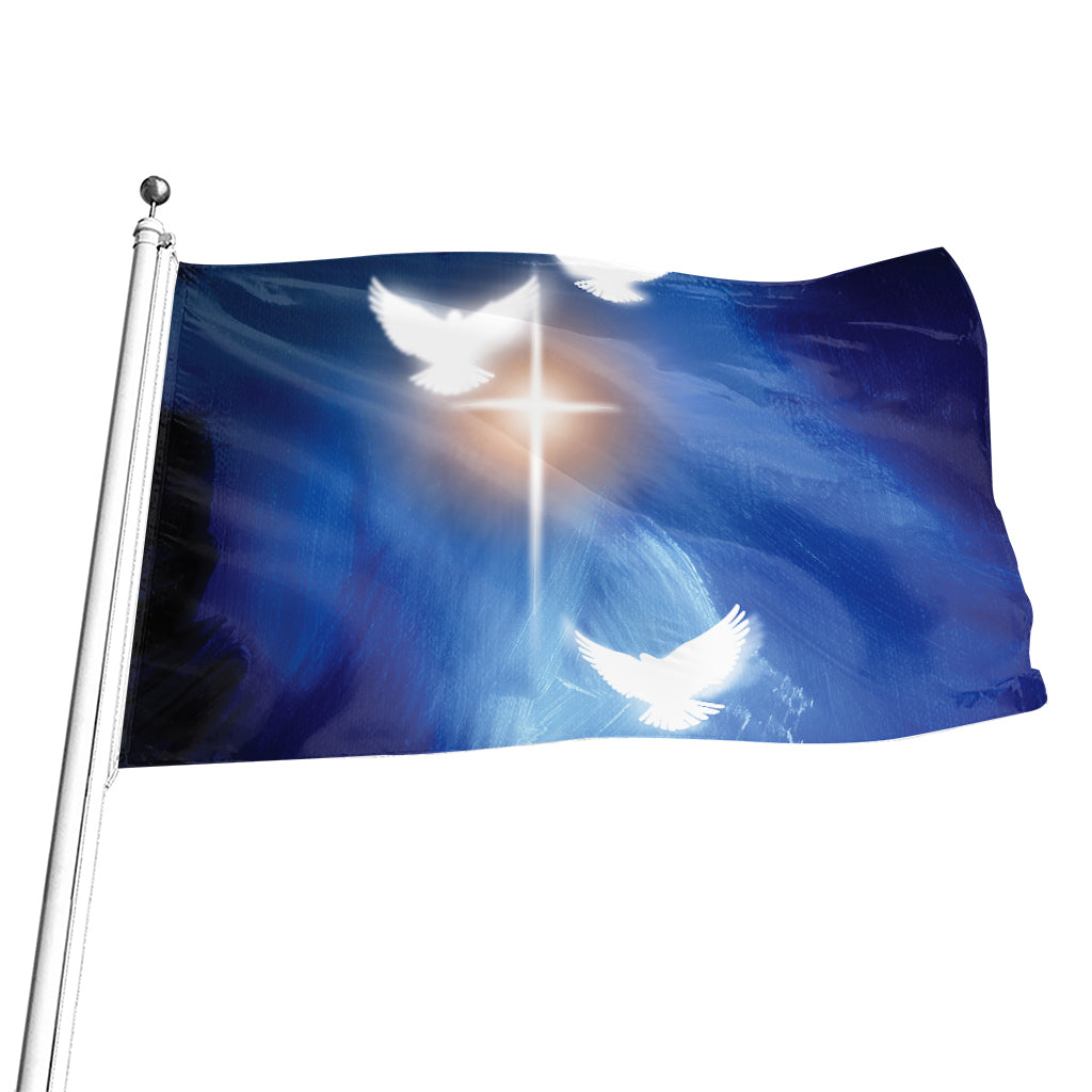 Christian Cross And White Doves Print Flag