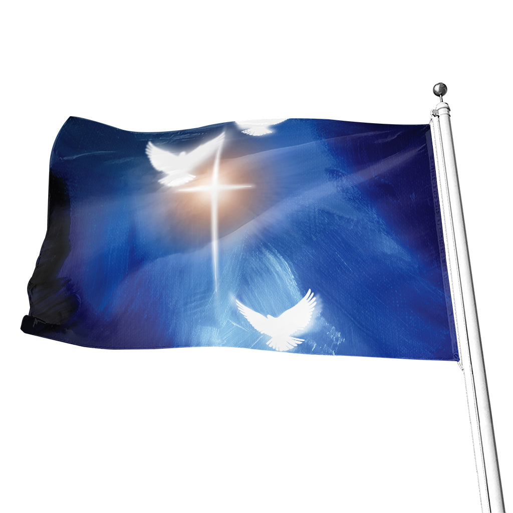 Christian Cross And White Doves Print Flag