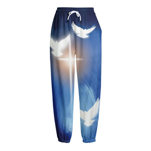 Christian Cross And White Doves Print Fleece Lined Knit Pants