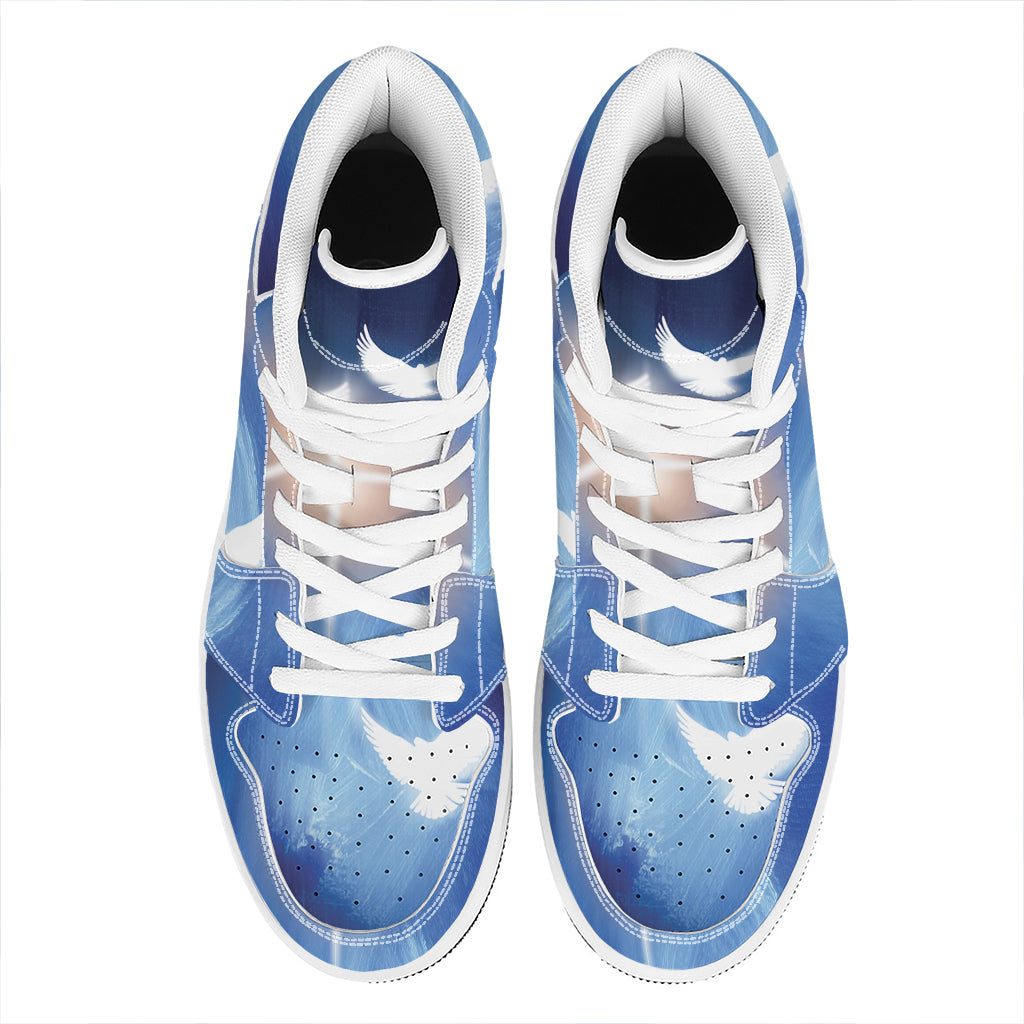 Christian Cross And White Doves Print High Top Leather Sneakers